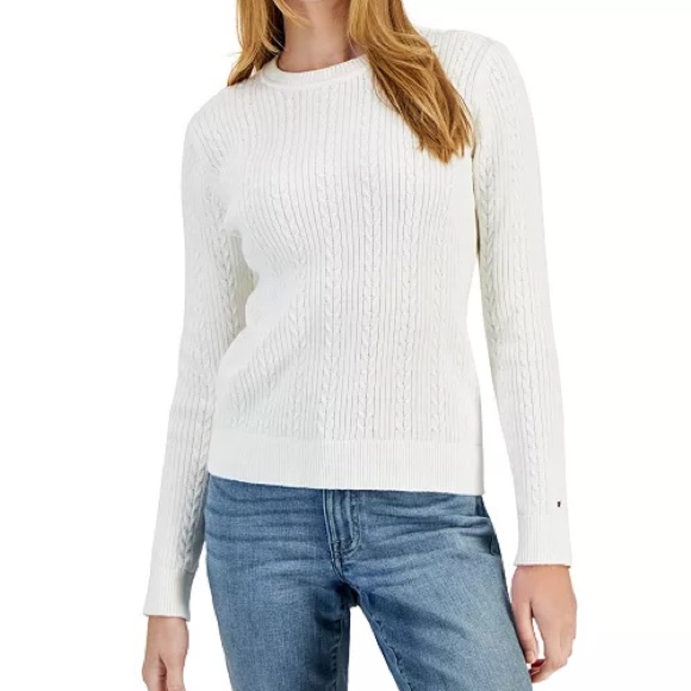 Tommy Hilfiger White Crew Neck Ribbed Sweater